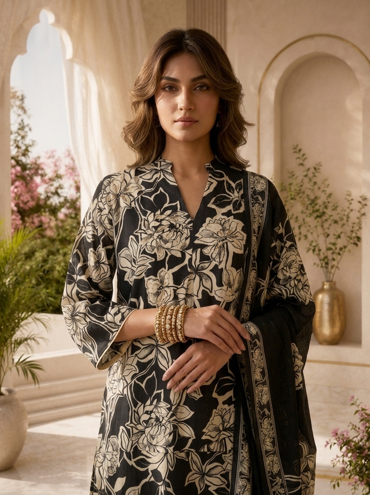 Black Printed And Sequins Embroidery Rayon Three Piece Set