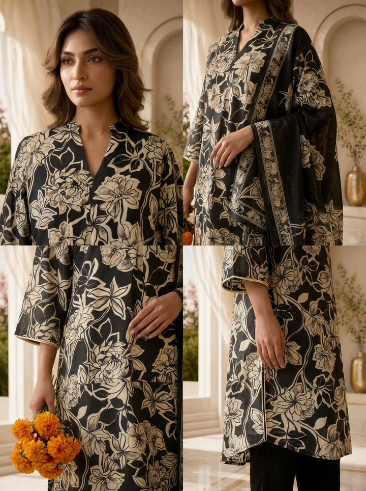 Black Printed And Sequins Embroidery Rayon Three Piece Set