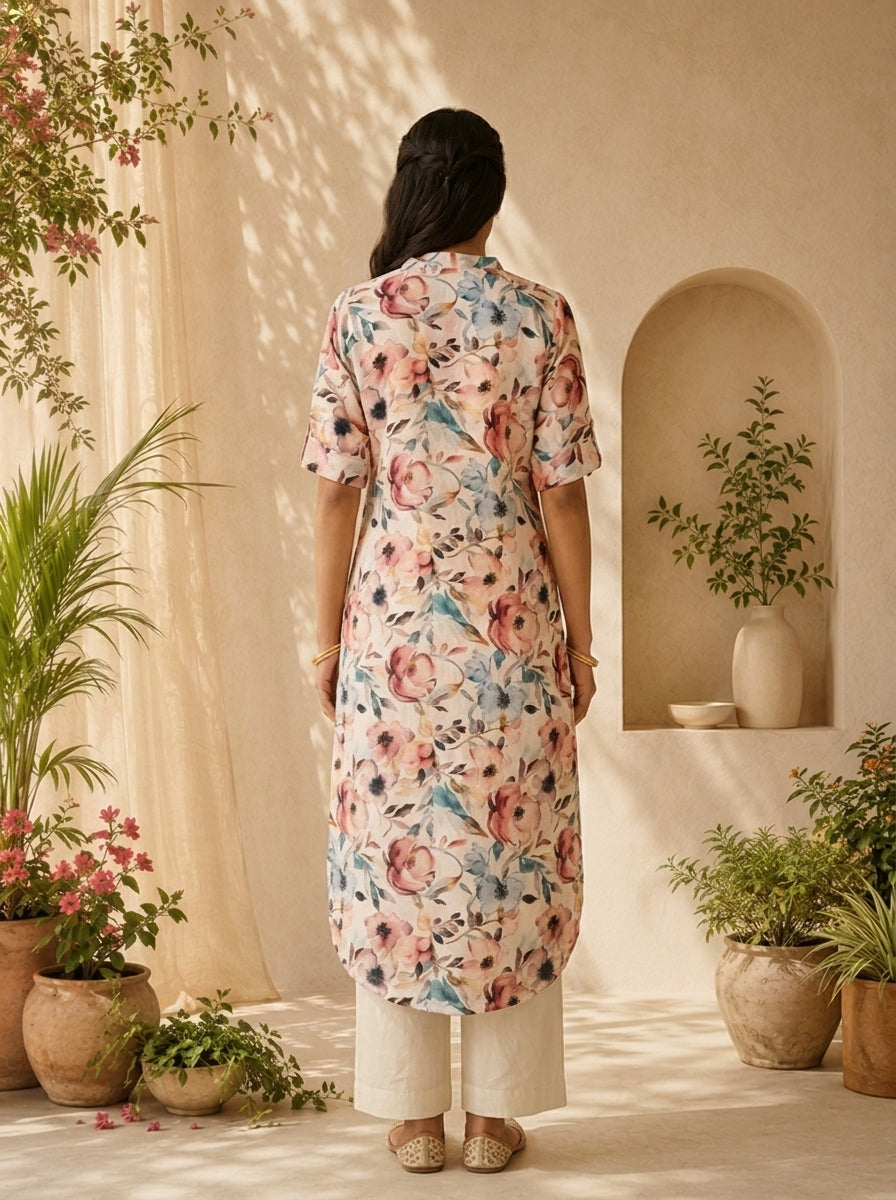 Pastel Floral Printed Linen Straight Kurta