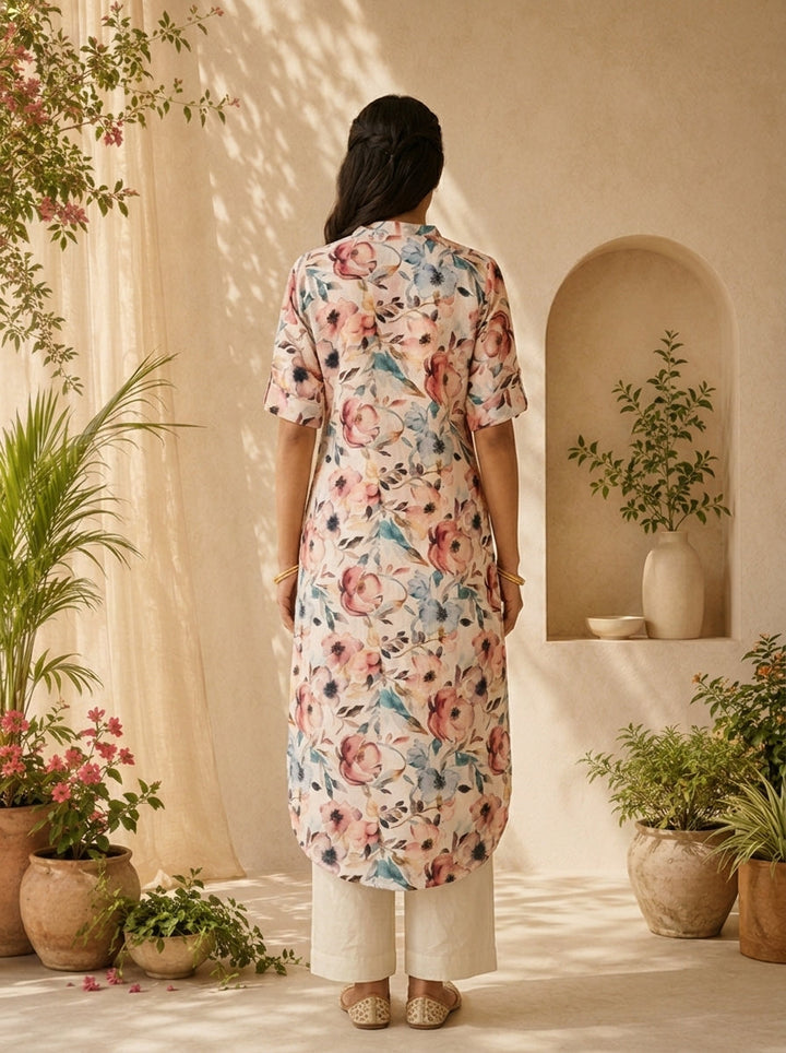 Pastel Floral Printed Linen Straight Kurta