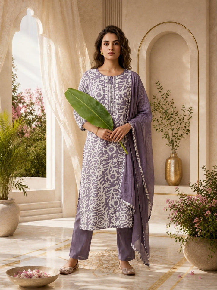 Lavender and White Chanderi Floral Printed Three Piece Set