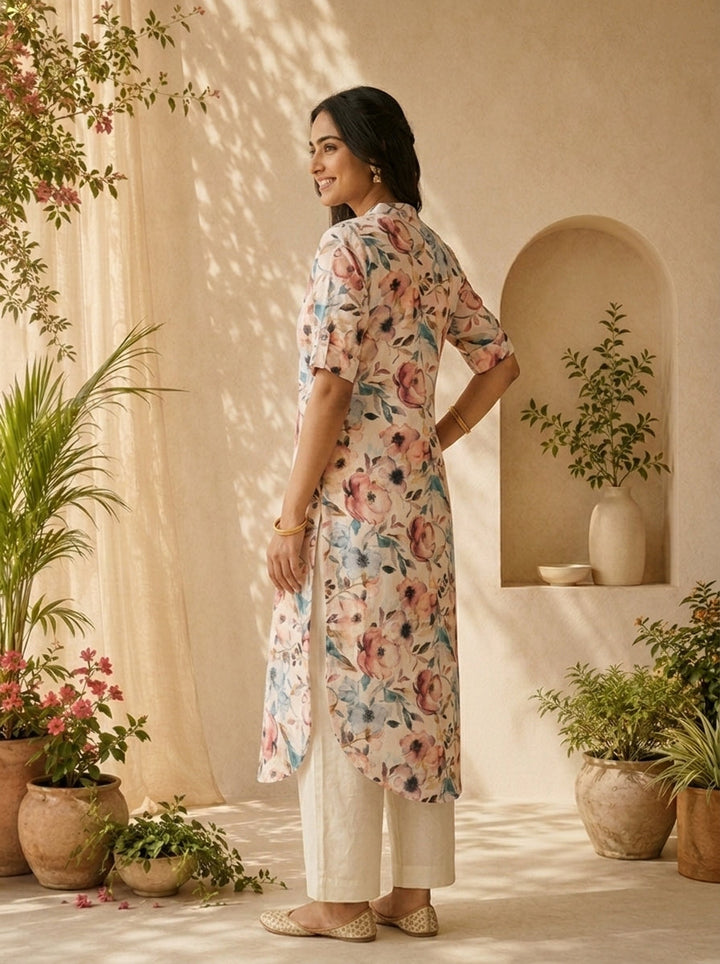 Pastel Floral Printed Linen Straight Kurta