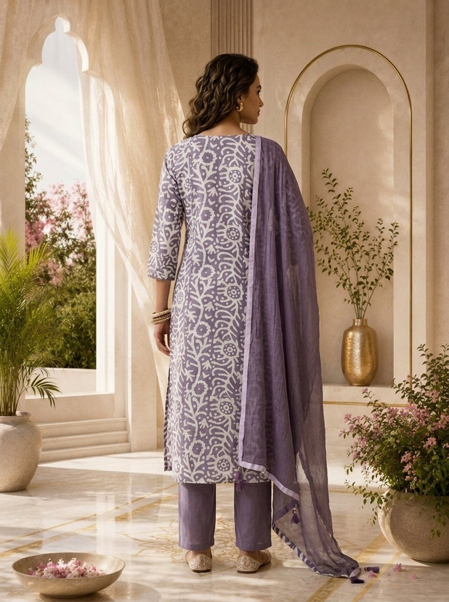 Lavender and White Chanderi Floral Printed Three Piece Set