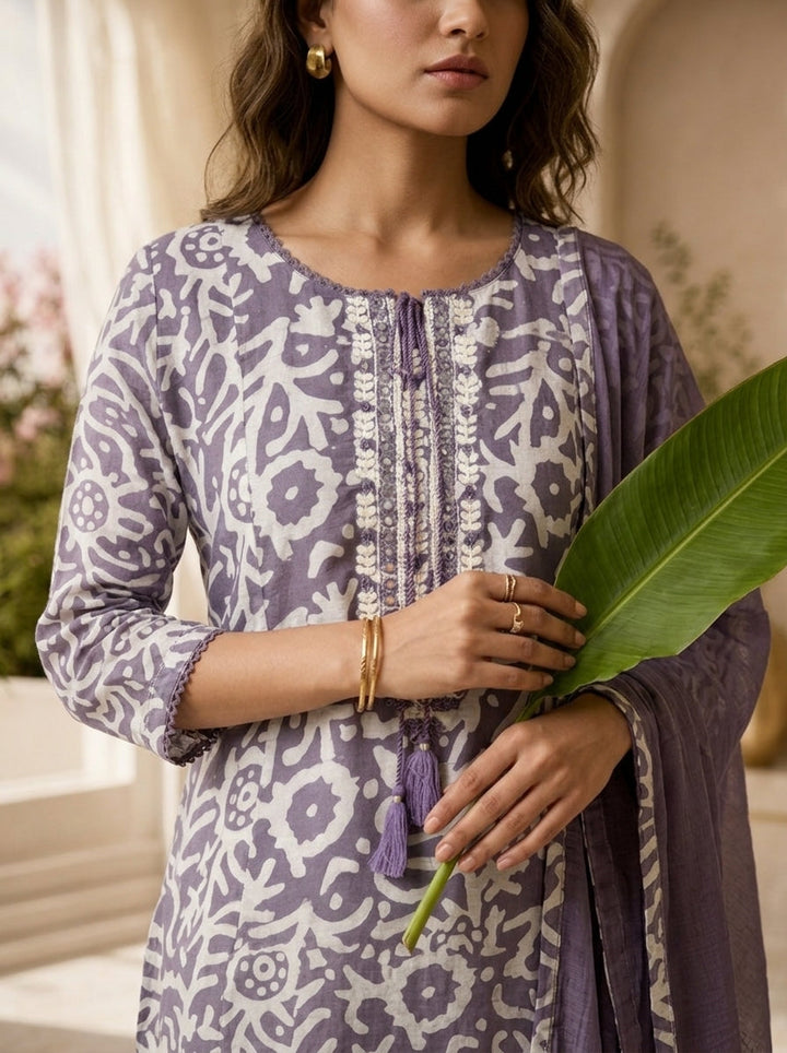 Lavender and White Chanderi Floral Printed Three Piece Set