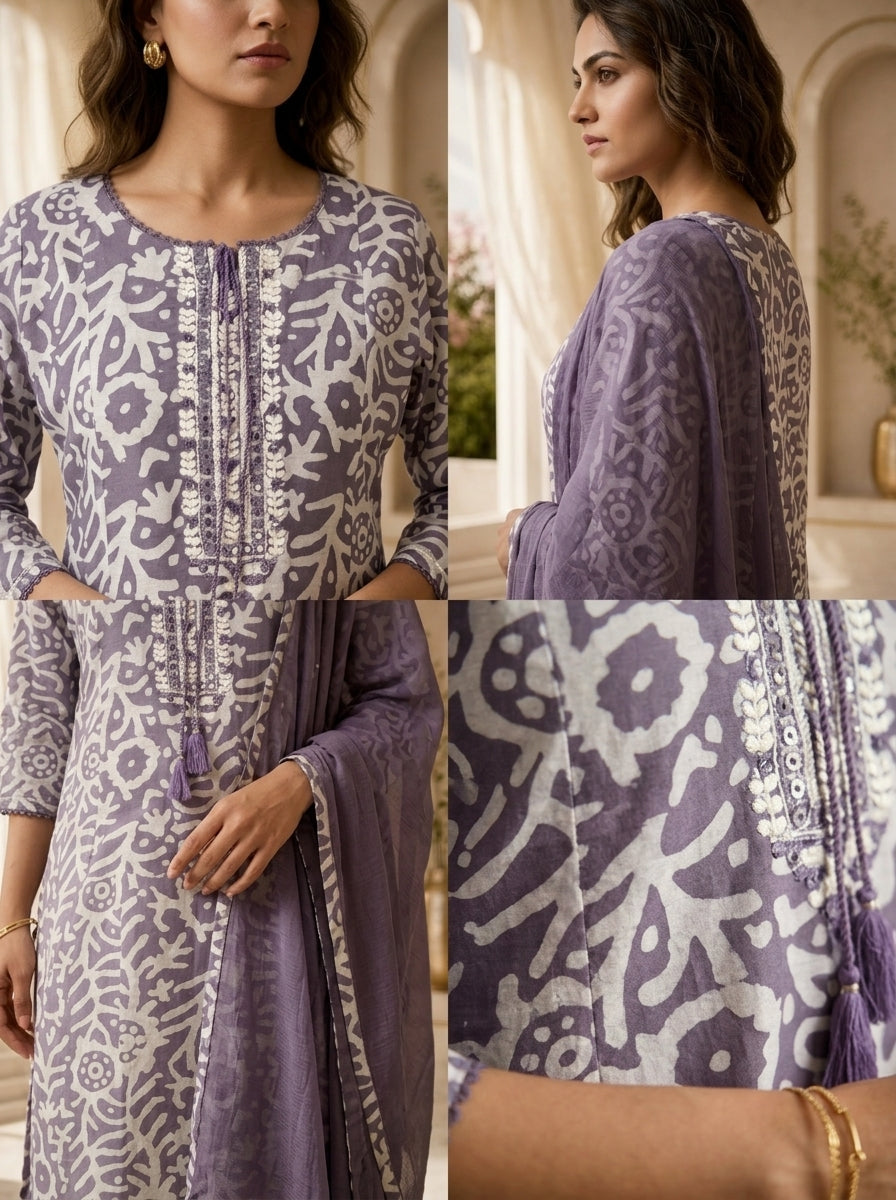 Lavender and White Chanderi Floral Printed Three Piece Set
