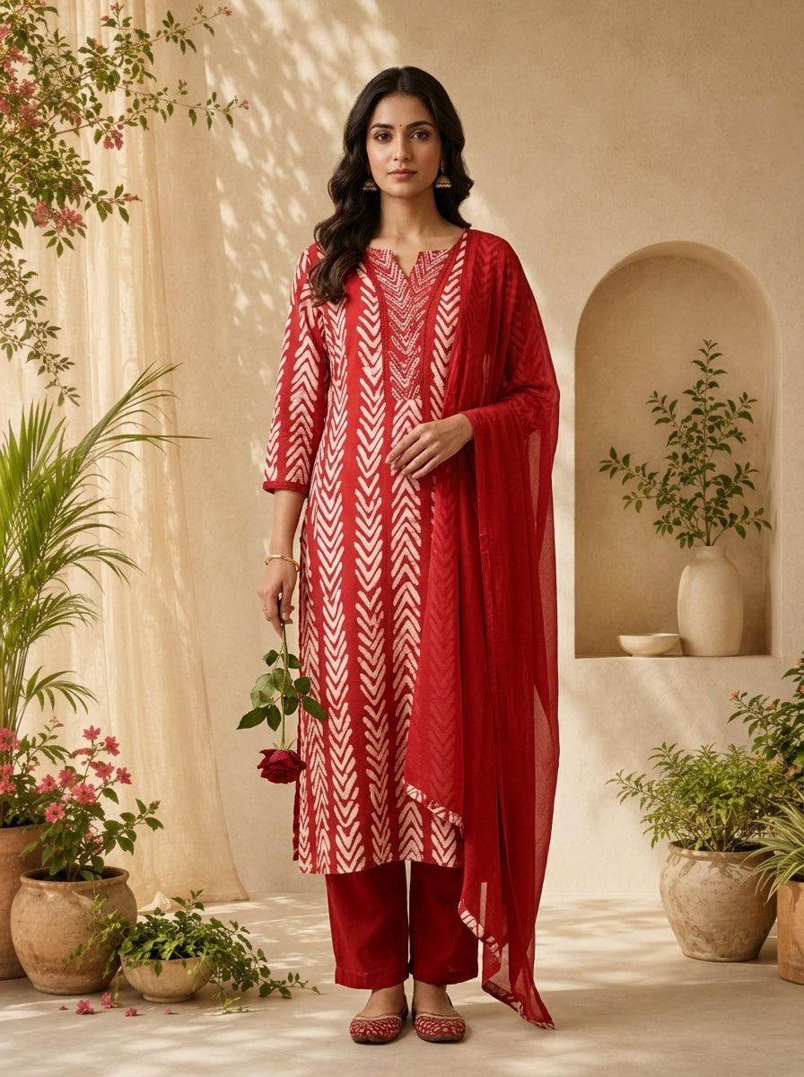 Red Chanderi Mirror And Thread Embroidery Three Piece Set