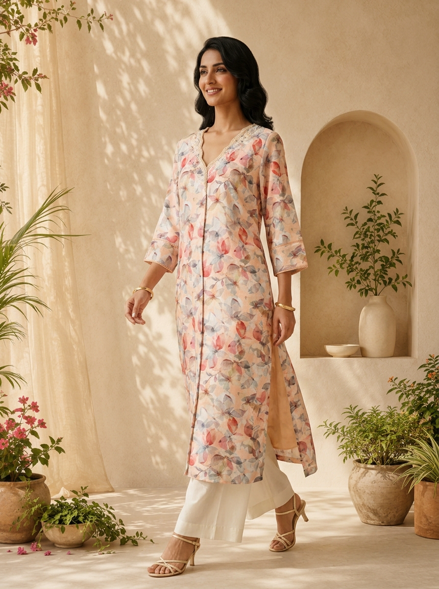 Peach Heavy Floral Printed Linen Kurta
