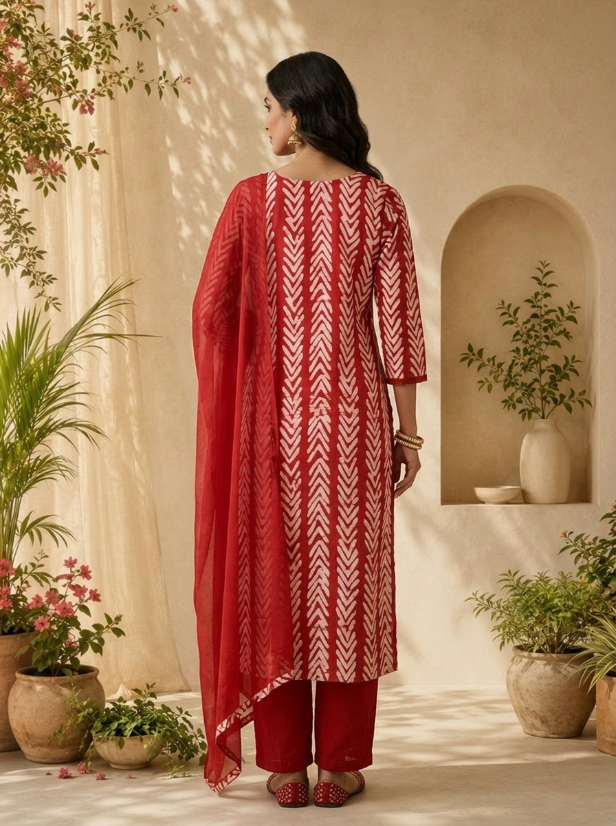 Red Chanderi Mirror And Thread Embroidery Three Piece Set