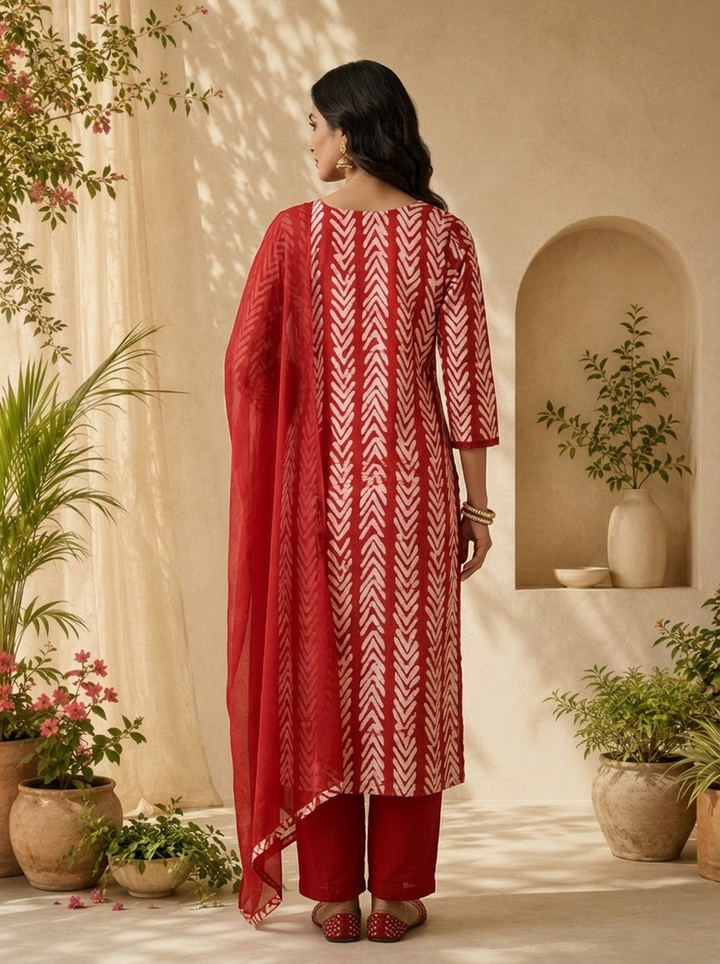 Red Chanderi Mirror And Thread Embroidery Three Piece Set