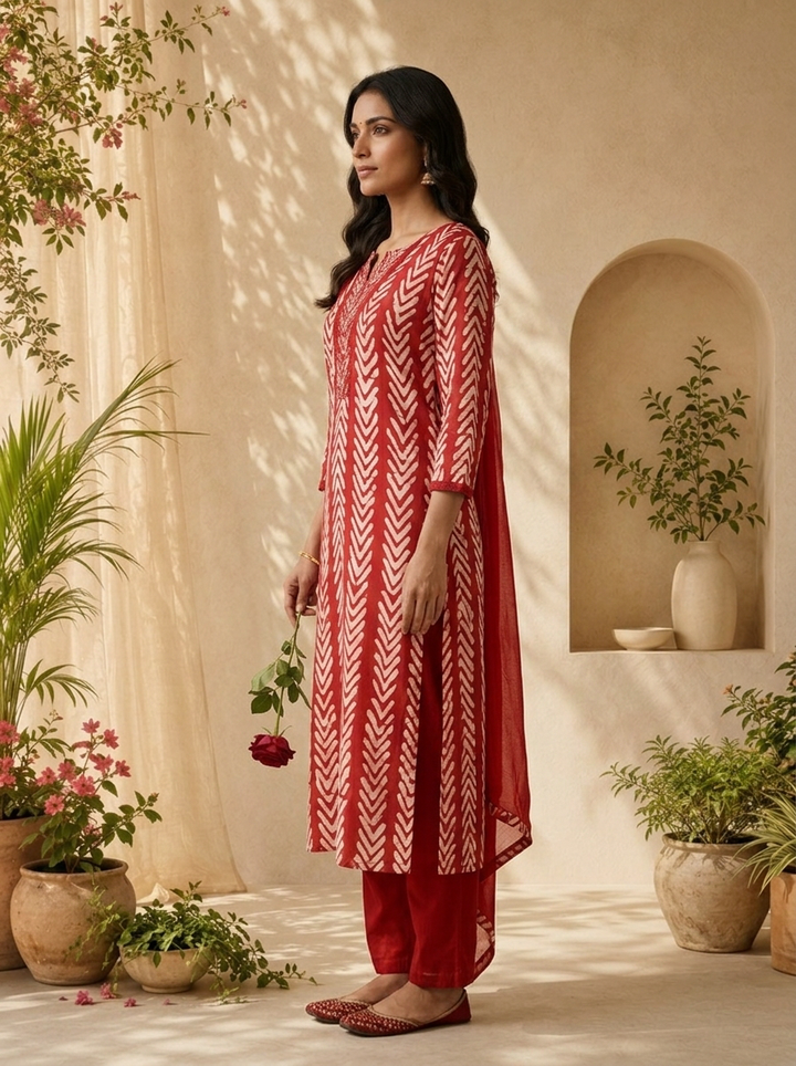 Red Chanderi Mirror And Thread Embroidery Three Piece Set