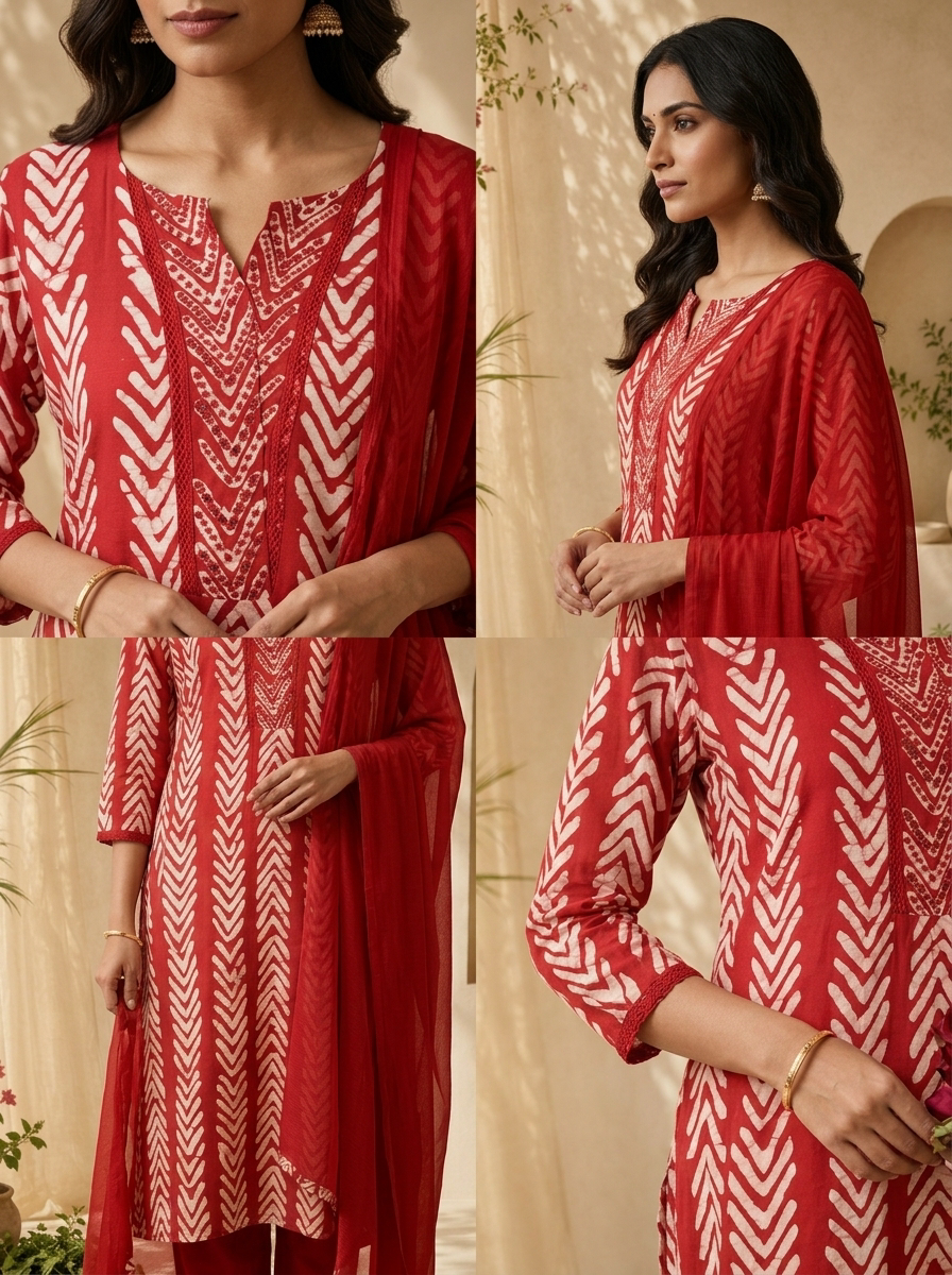 Red Chanderi Mirror And Thread Embroidery Three Piece Set