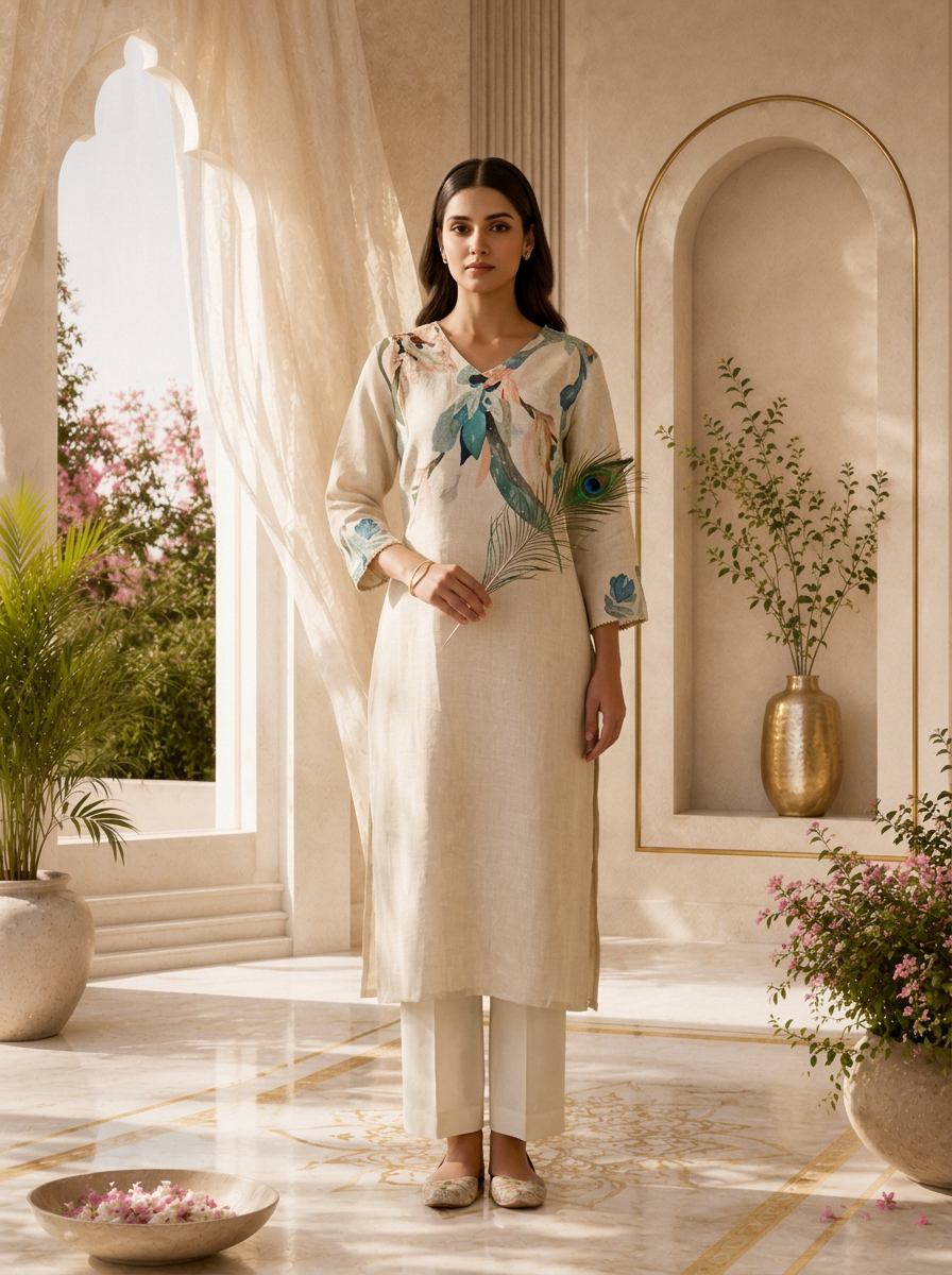 Light Beige Printed And Solid Design Linen Kurta