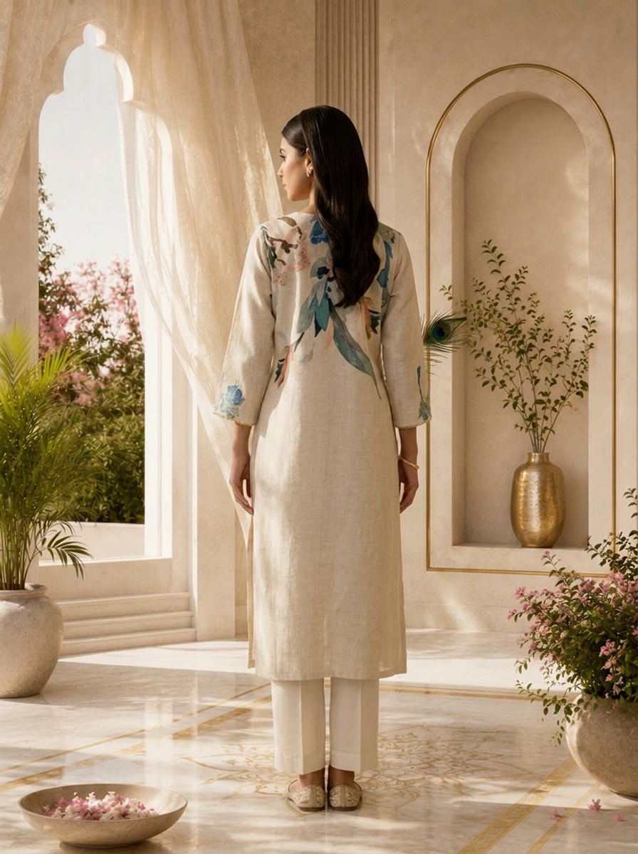 Light Beige Printed And Solid Design Linen Kurta
