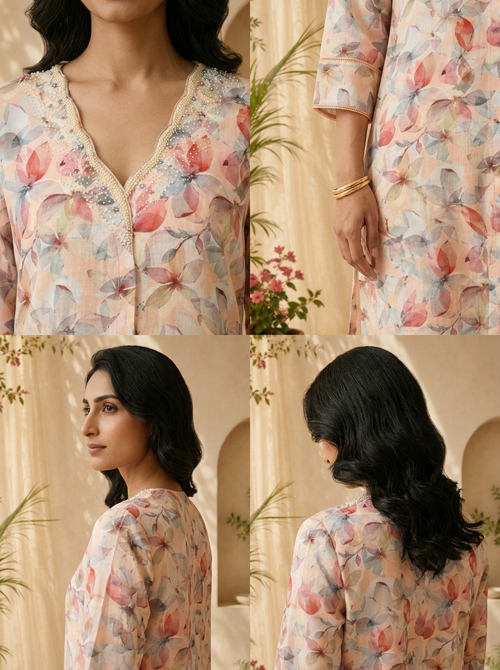 Peach Heavy Floral Printed Linen Kurta