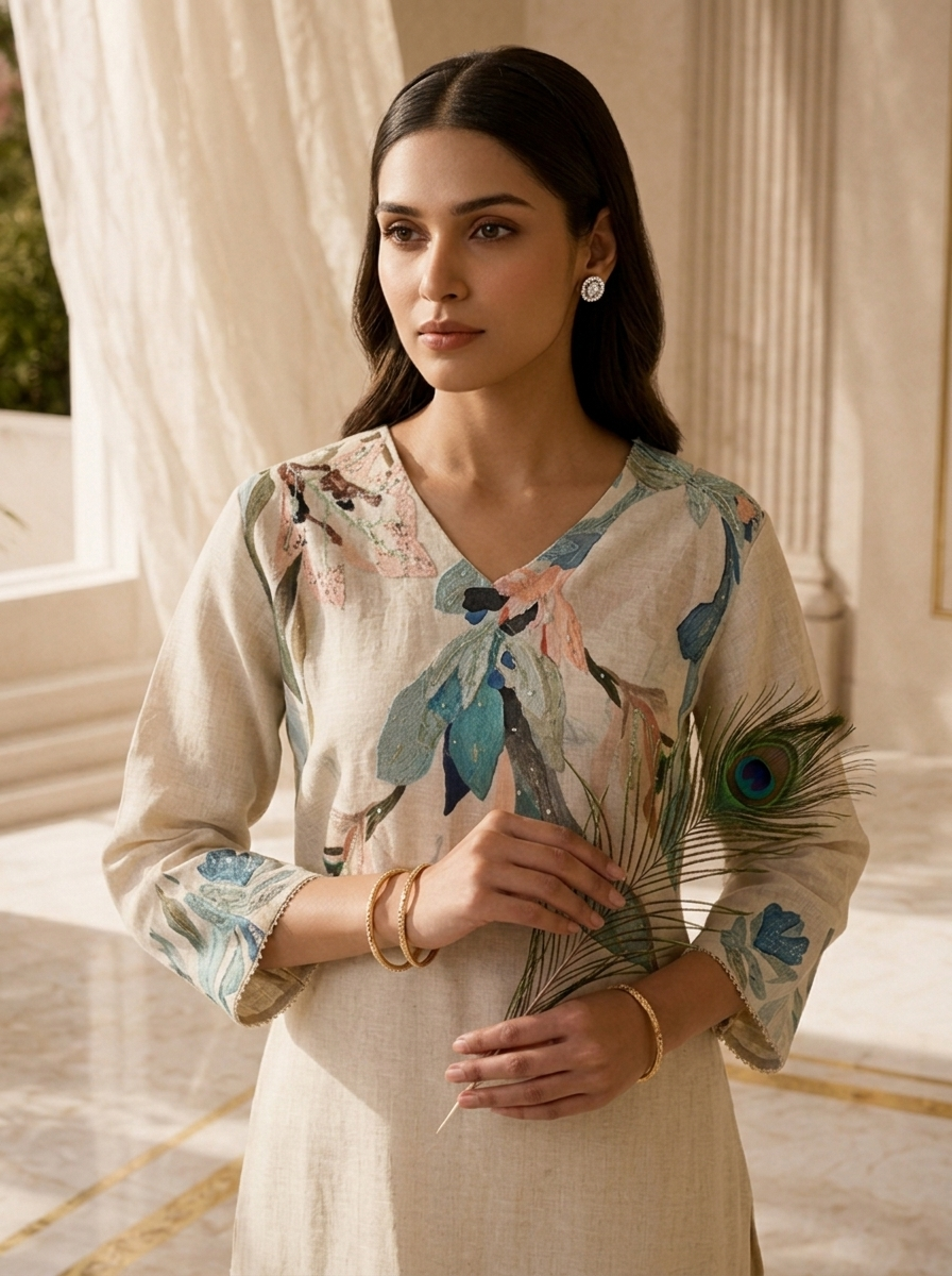 Light Beige Printed And Solid Design Linen Kurta