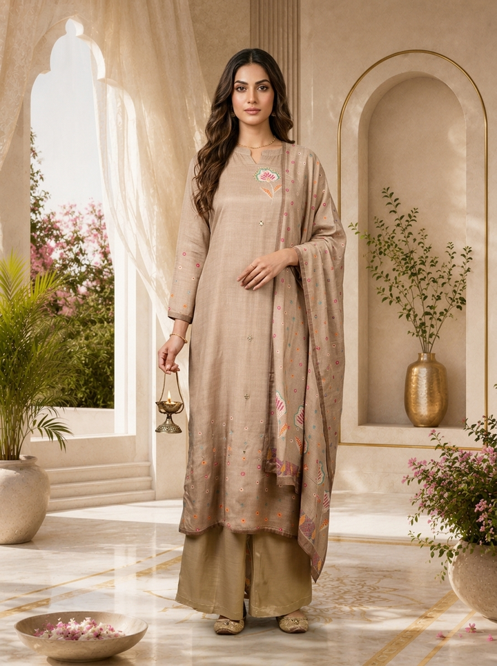 Taupe Beige Mirror Embroidered And Solid Design Three Piece Set