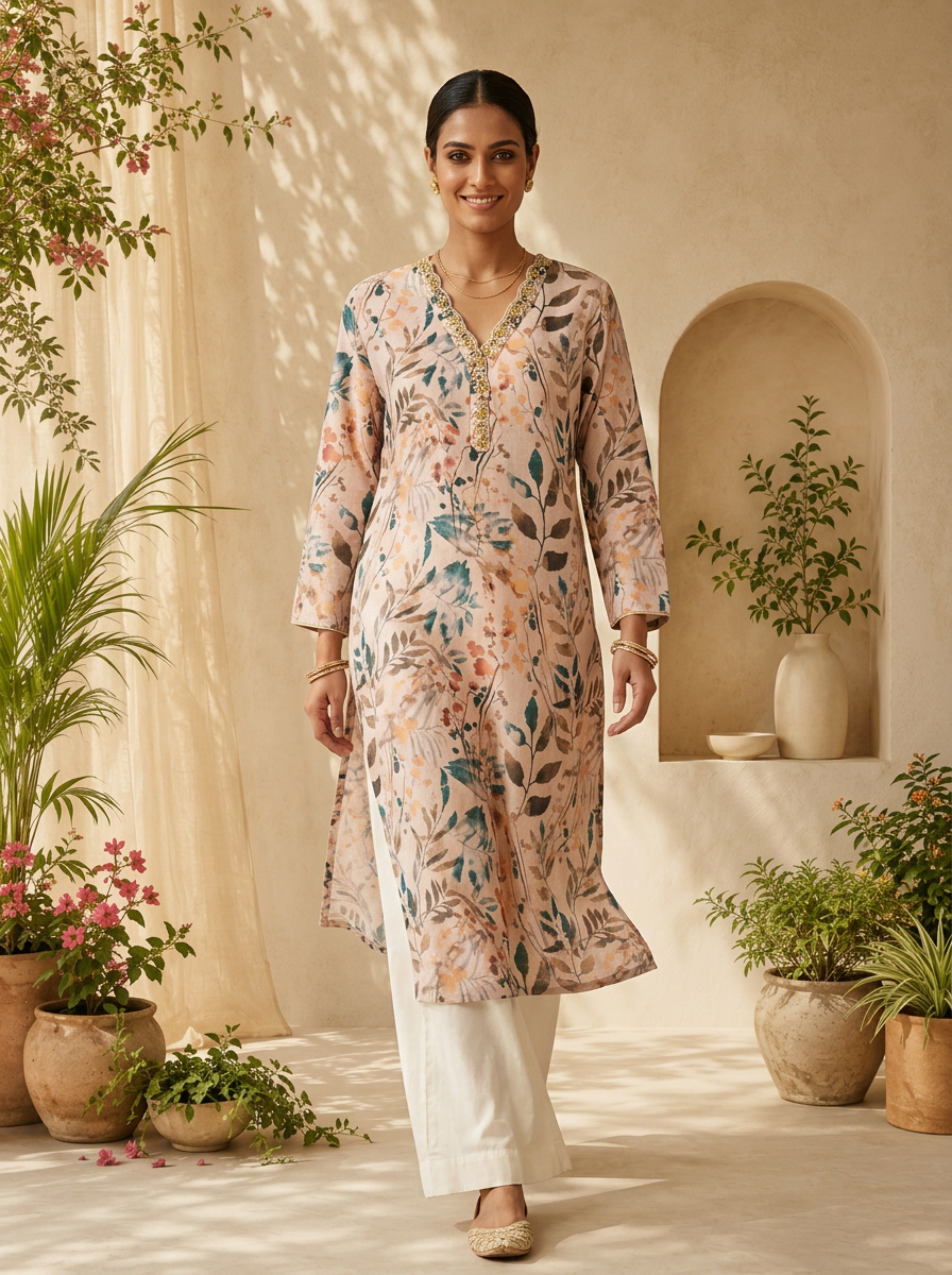 Cream Patch Embroidery And Printed Linen Kurta