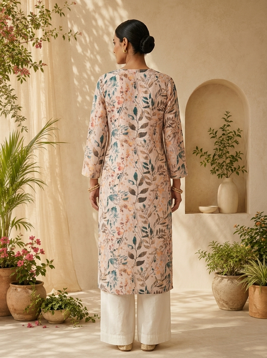 Cream Patch Embroidery And Printed Linen Kurta