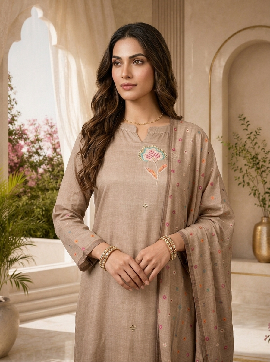 Taupe Beige Mirror Embroidered And Solid Design Three Piece Set