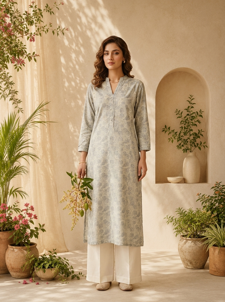 Grey Linen Beads And Patch Embroidery Kurta