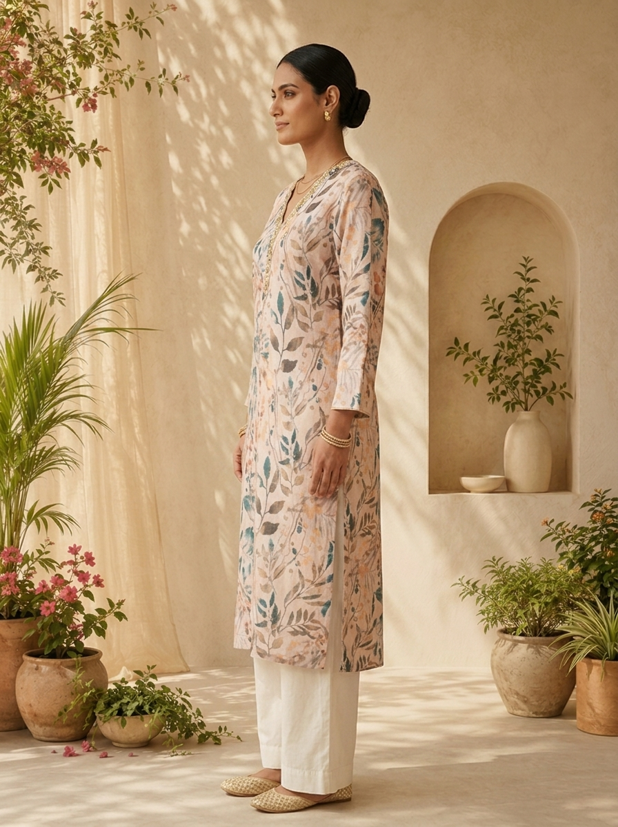 Cream Patch Embroidery And Printed Linen Kurta