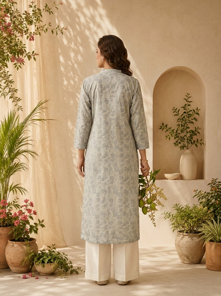 Grey Linen Beads And Patch Embroidery Kurta