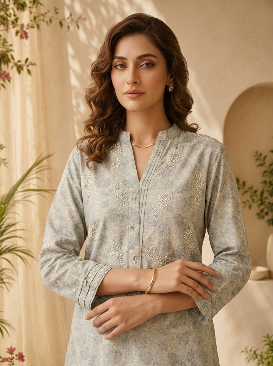 Grey Linen Beads And Patch Embroidery Kurta