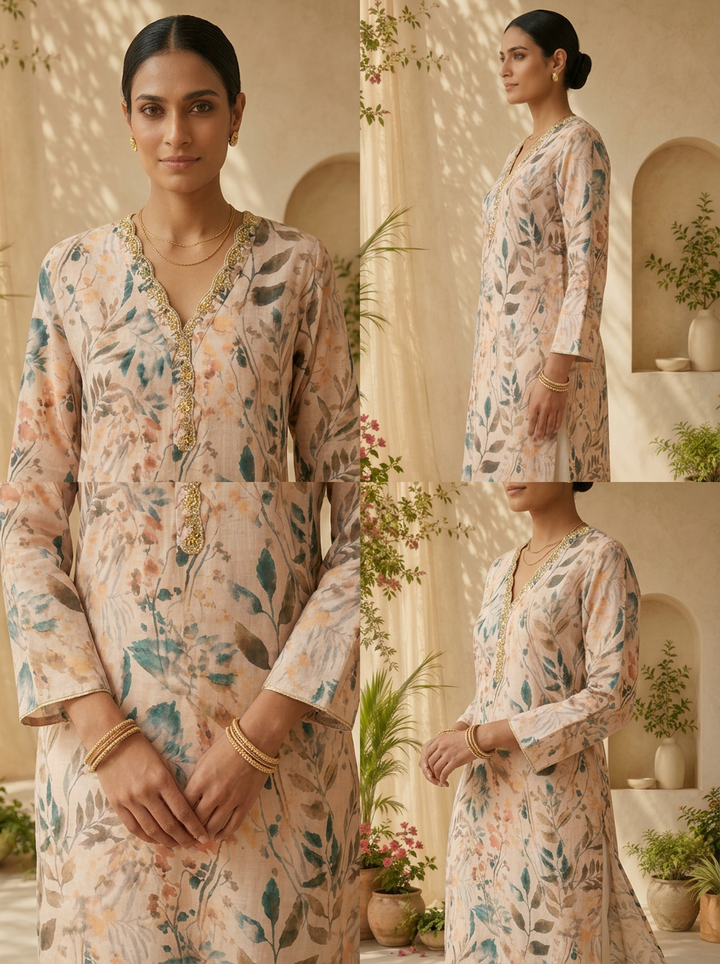 Cream Patch Embroidery And Printed Linen Kurta