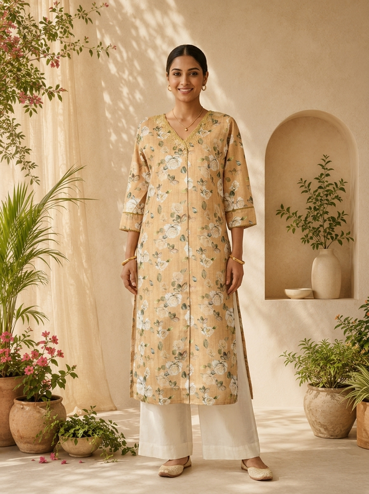 Green Heavy Floral Printed Linen Kurta