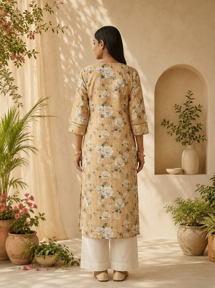 Green Heavy Floral Printed Linen Kurta