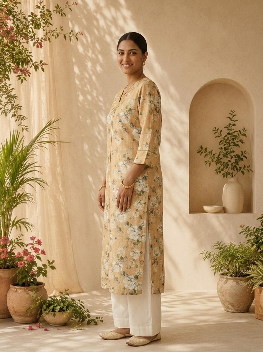 Green Heavy Floral Printed Linen Kurta