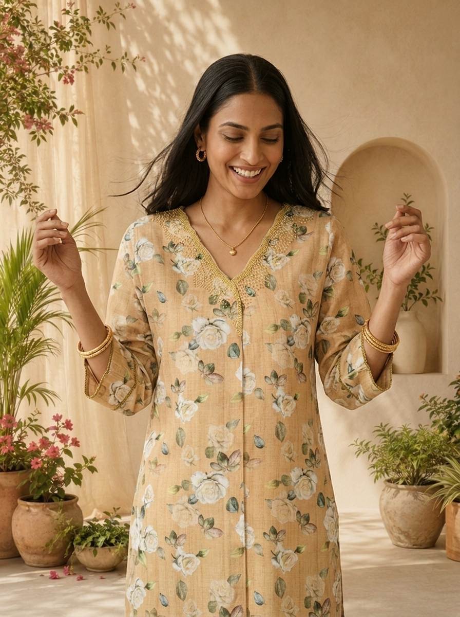 Green Heavy Floral Printed Linen Kurta