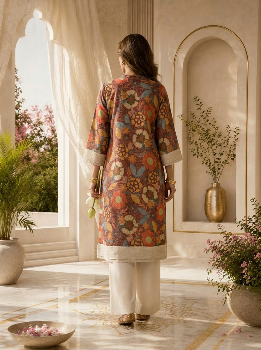 Rustic Floral Printed A-Line Linen Kurta