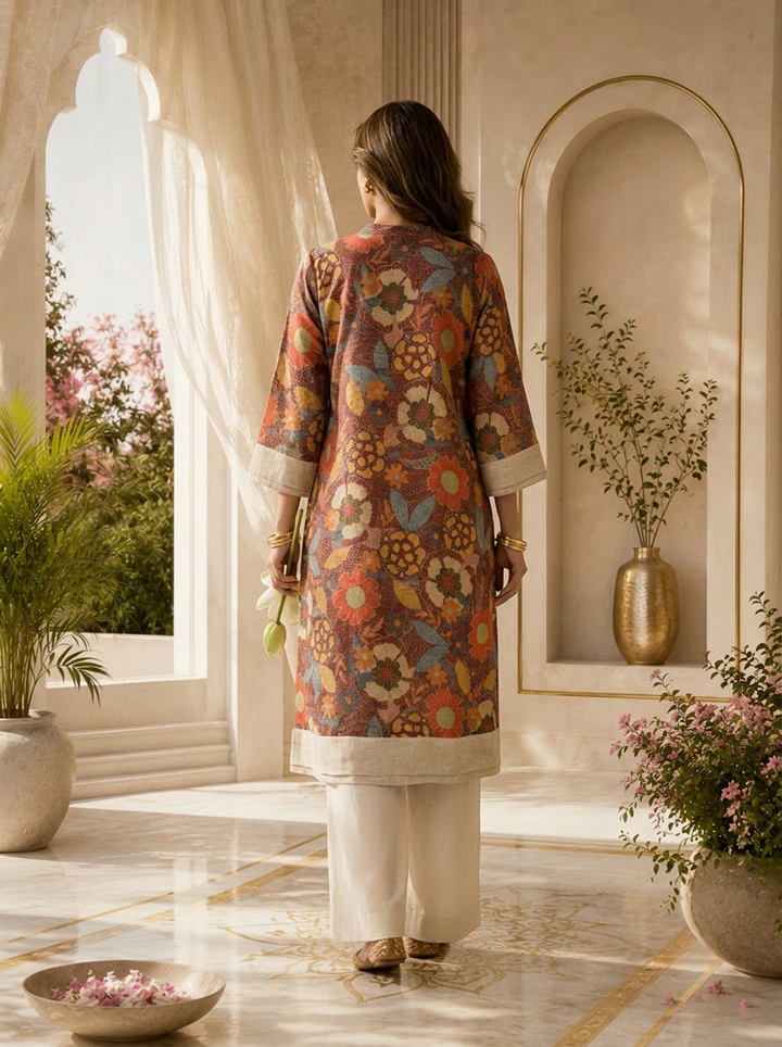 Rustic Floral Printed A-Line Linen Kurta