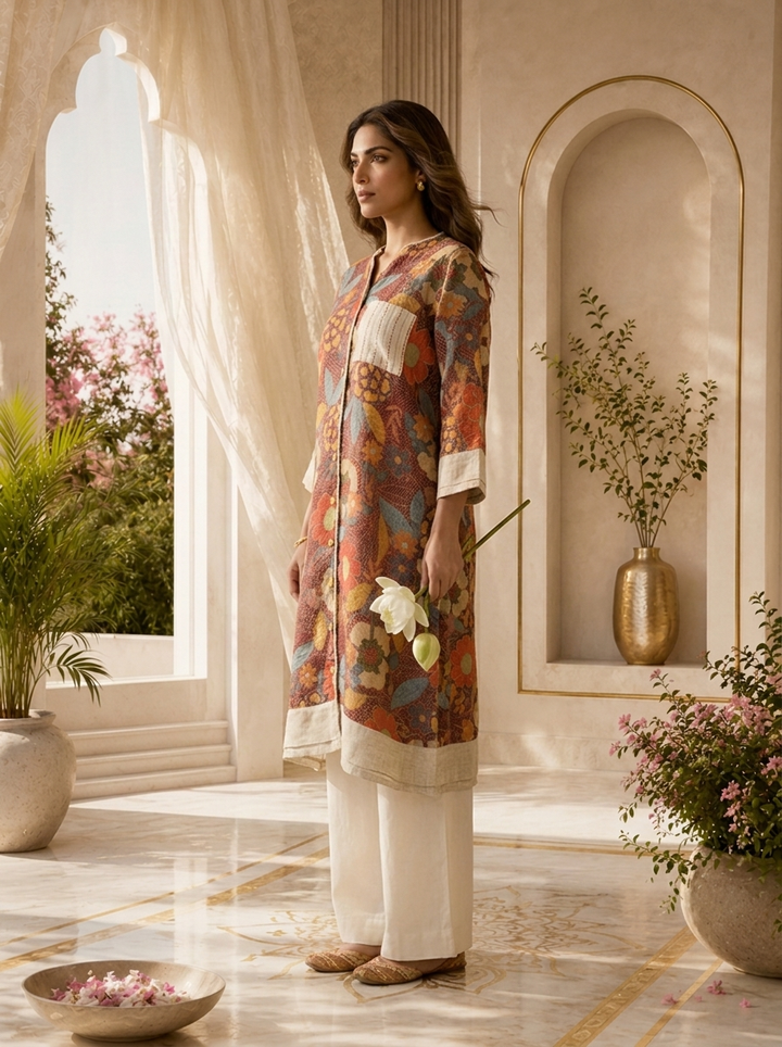 Rustic Floral Printed A-Line Linen Kurta