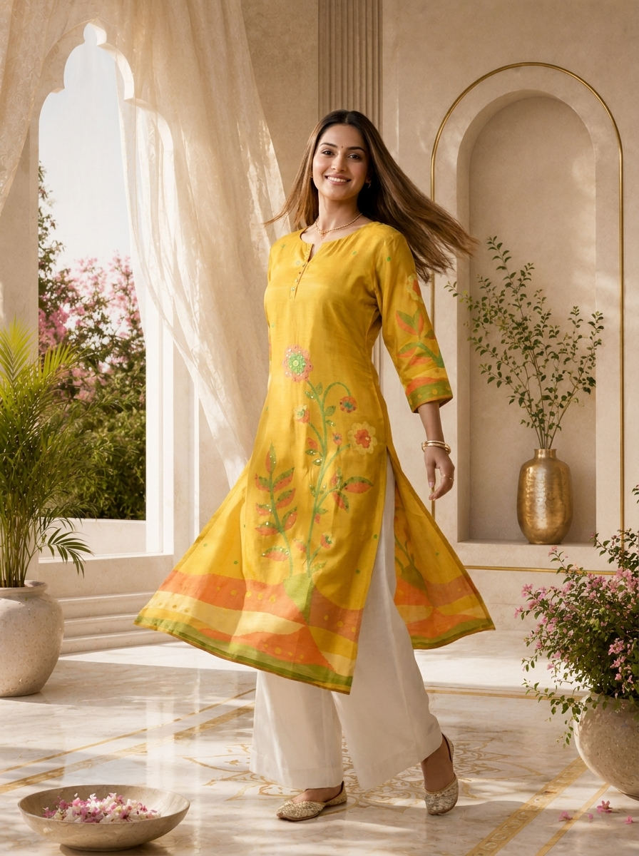 Mustard Silk Floral Digital Printed Kurta