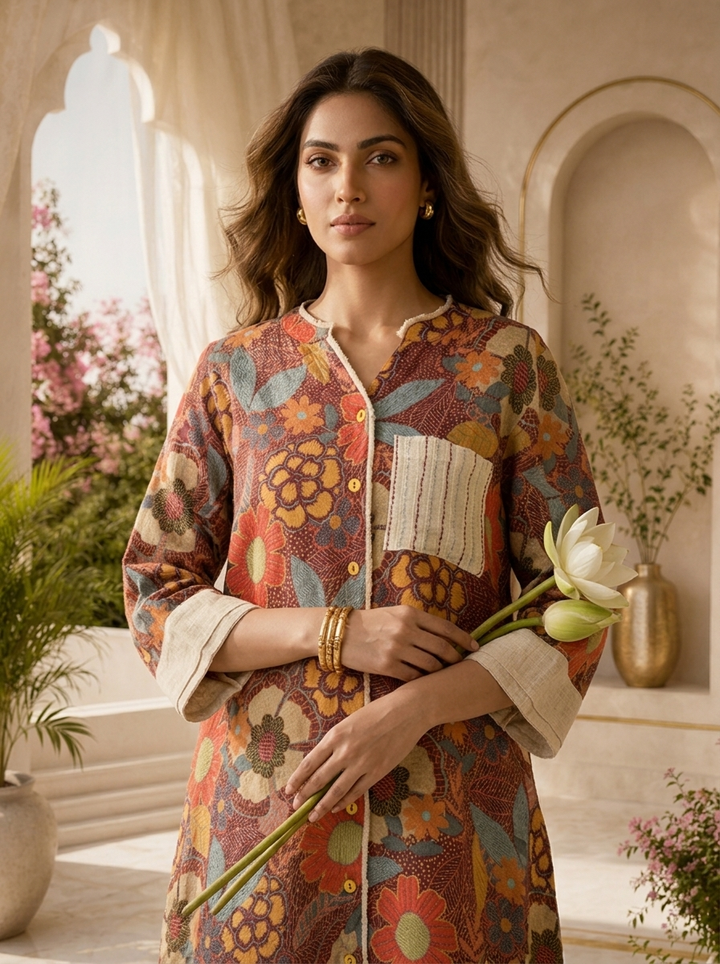 Rustic Floral Printed A-Line Linen Kurta