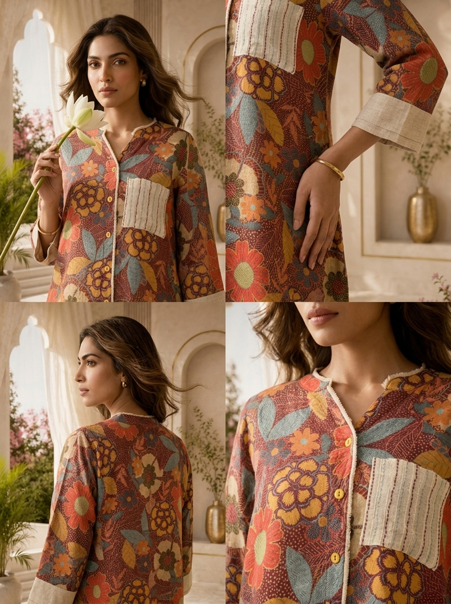 Rustic Floral Printed A-Line Linen Kurta