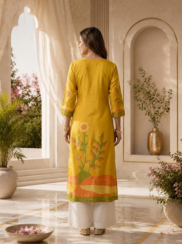 Mustard Silk Floral Digital Printed Kurta