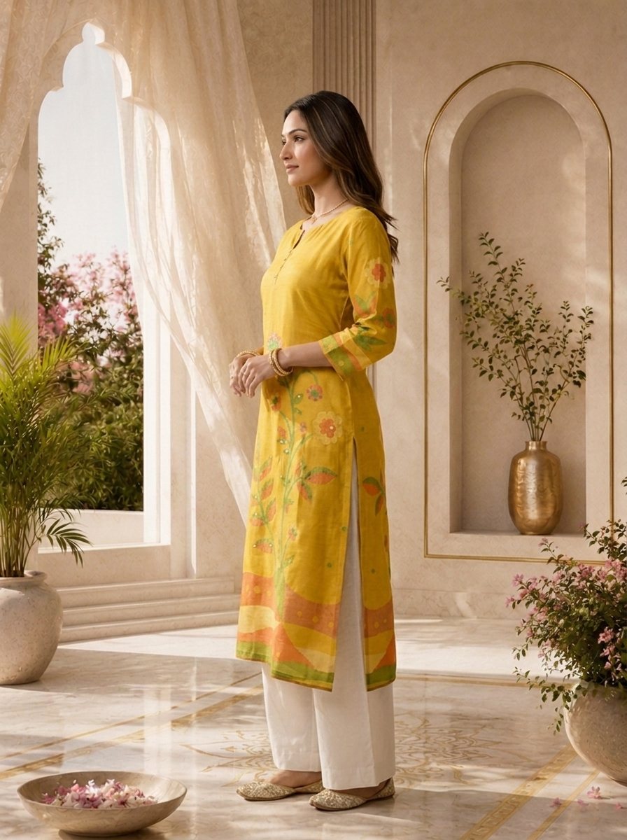 Mustard Silk Floral Digital Printed Kurta