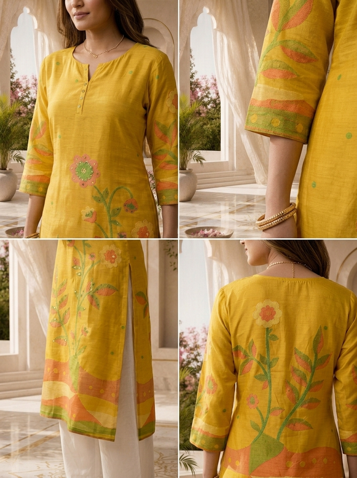 Mustard Silk Floral Digital Printed Kurta
