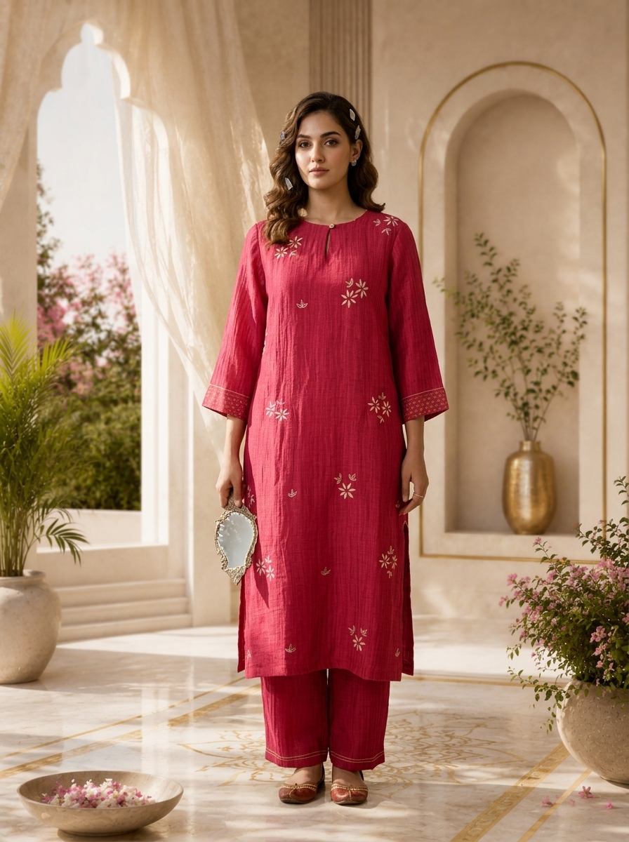 Magenta Floral Thread Embroidery Linen Two Piece Set