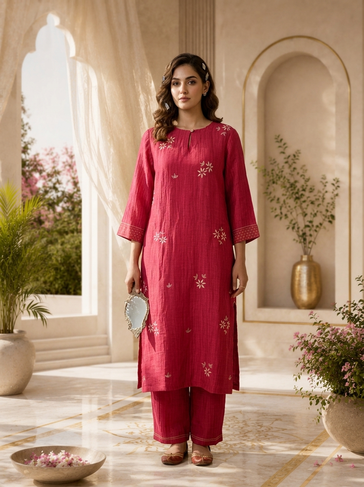 Magenta Floral Thread Embroidery Linen Two Piece Set