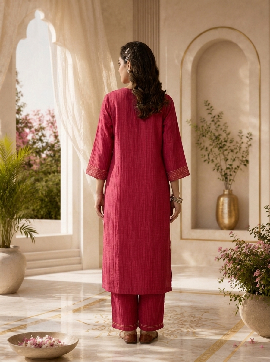 Magenta Floral Thread Embroidery Linen Two Piece Set