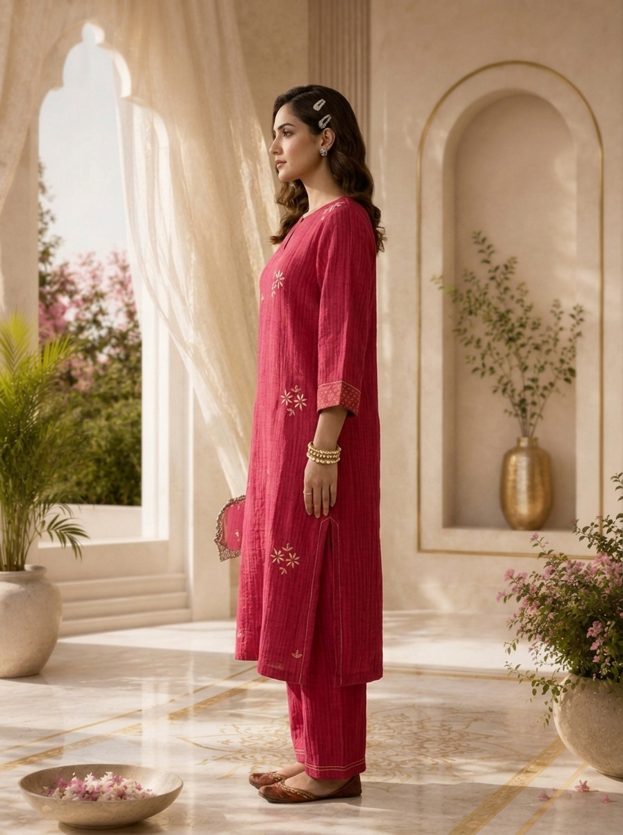 Magenta Floral Thread Embroidery Linen Two Piece Set