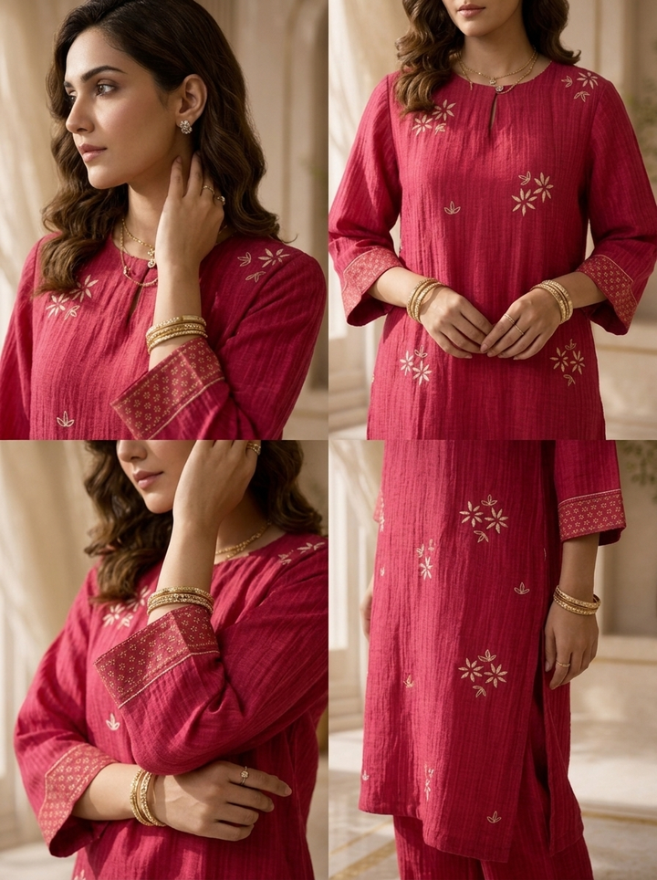 Magenta Floral Thread Embroidery Linen Two Piece Set