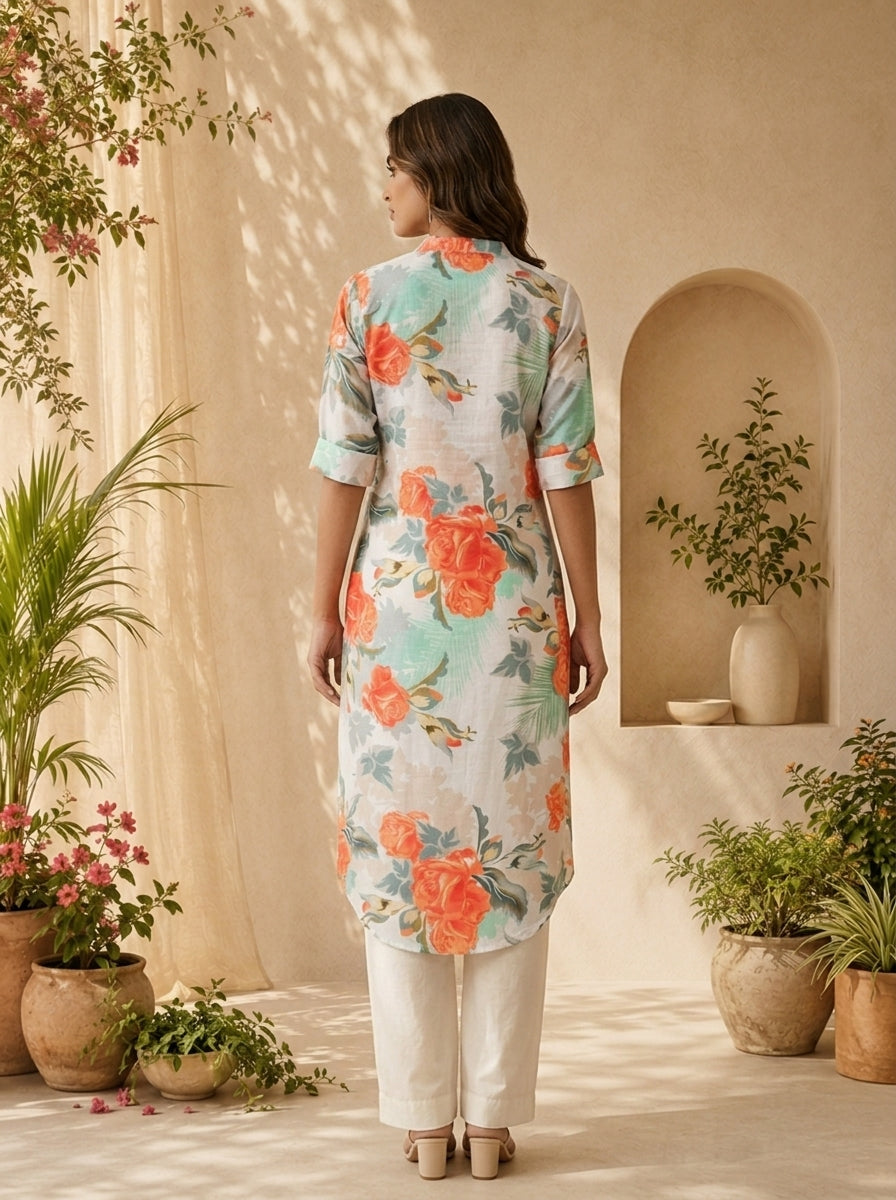 Orange Linen Floral Printed Straight Kurta