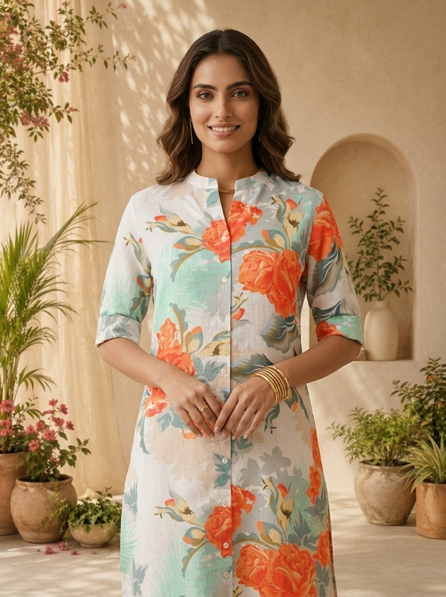 Orange Linen Floral Printed Straight Kurta