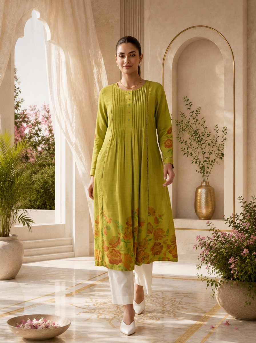 Green Rayon Pleated Design Kurta