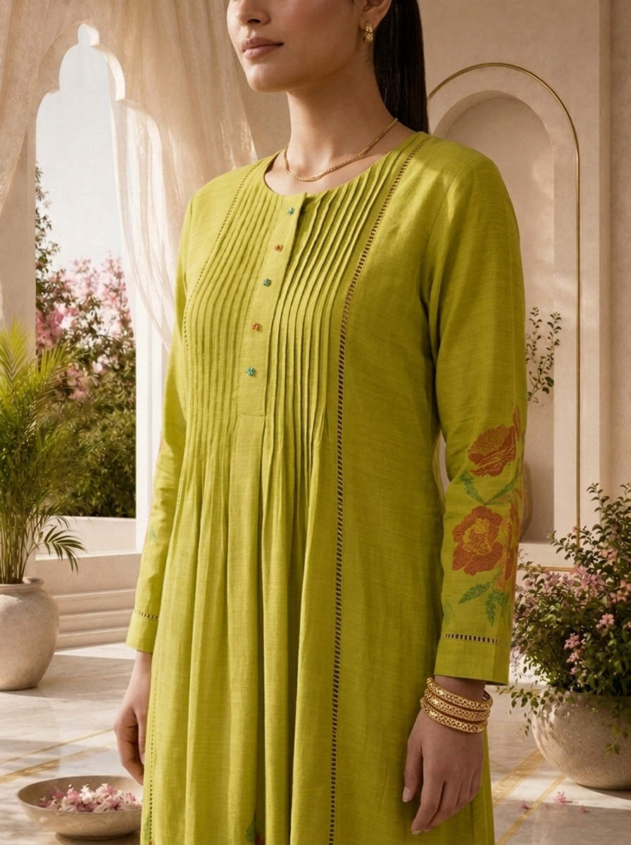 Green Rayon Pleated Design Kurta